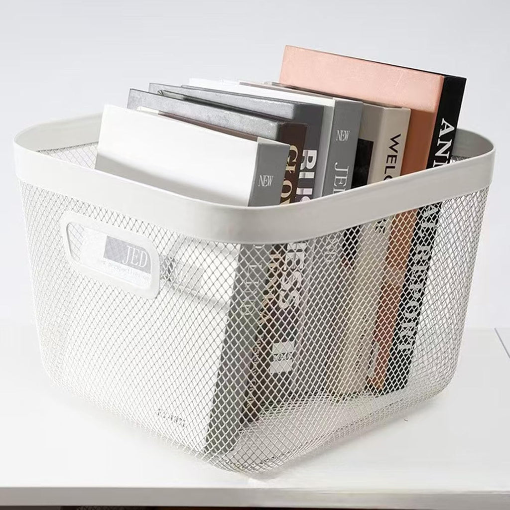 AJIODA Metal Mesh Steel Baskets, Household Wire Storage Organizer Bin Garden Harvest Basket Multi-functional Fruit Baskets with Handles for Kitchen Bathroom Picnic Shopping Decor Cabinet Home, White