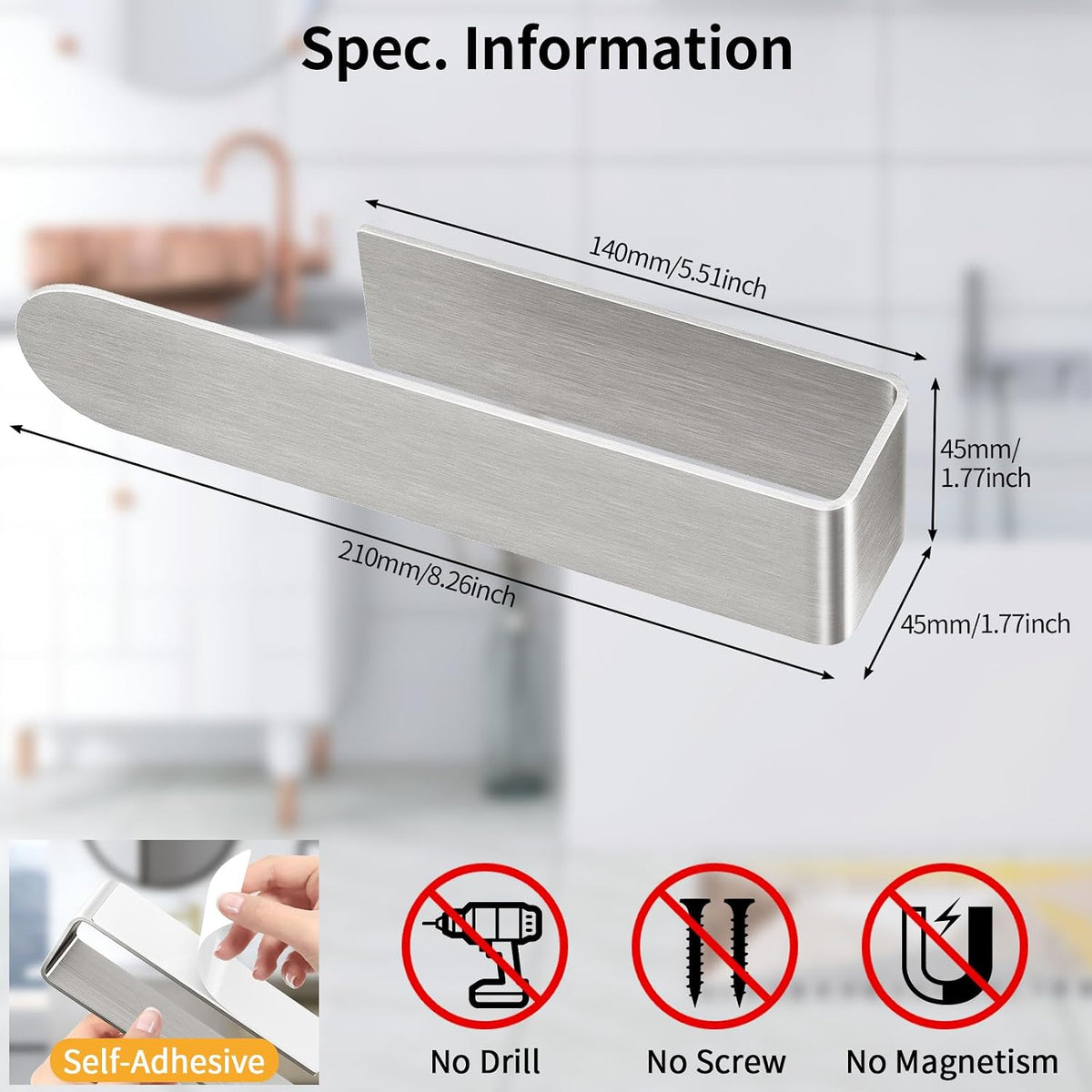 Bethom Adhesive Hand Towel Holder, 8 Inch Bar for Kitchen Cabinet, Brushed
