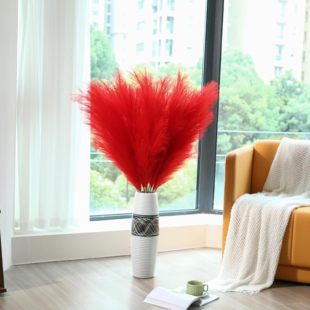 Wertuirk Red Pampas Grass Decor, 45-Inch 8Pcs Artificial Large Pampas Grass