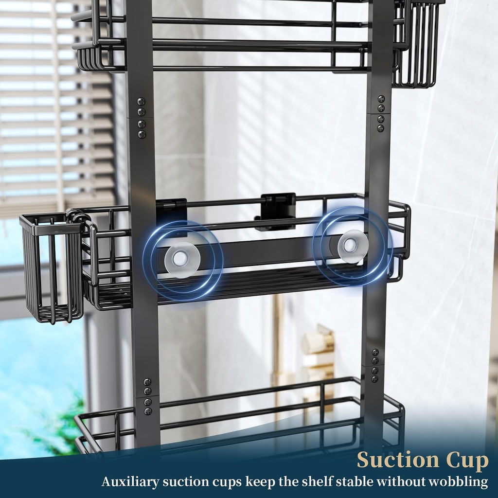 Consumest Over The Door Shower Caddy - 5 Tier Adjustable Shower Organizer Hanging with 2 Toothbrush Holders & 4 Hooks, Rustproof Organizer Shelf, Storage Rack for Bathroom, Black