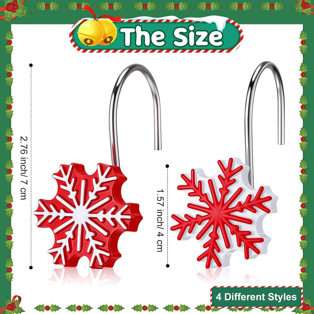 CroBlissful 12 Pcs Christmas Winter Snowflake Shower Curtain Hooks 4 Styles Snowflakes Curtain Hangers Hooks Red White Winter Decorative Rings for Bathroom Restroom Rods Wall Decor