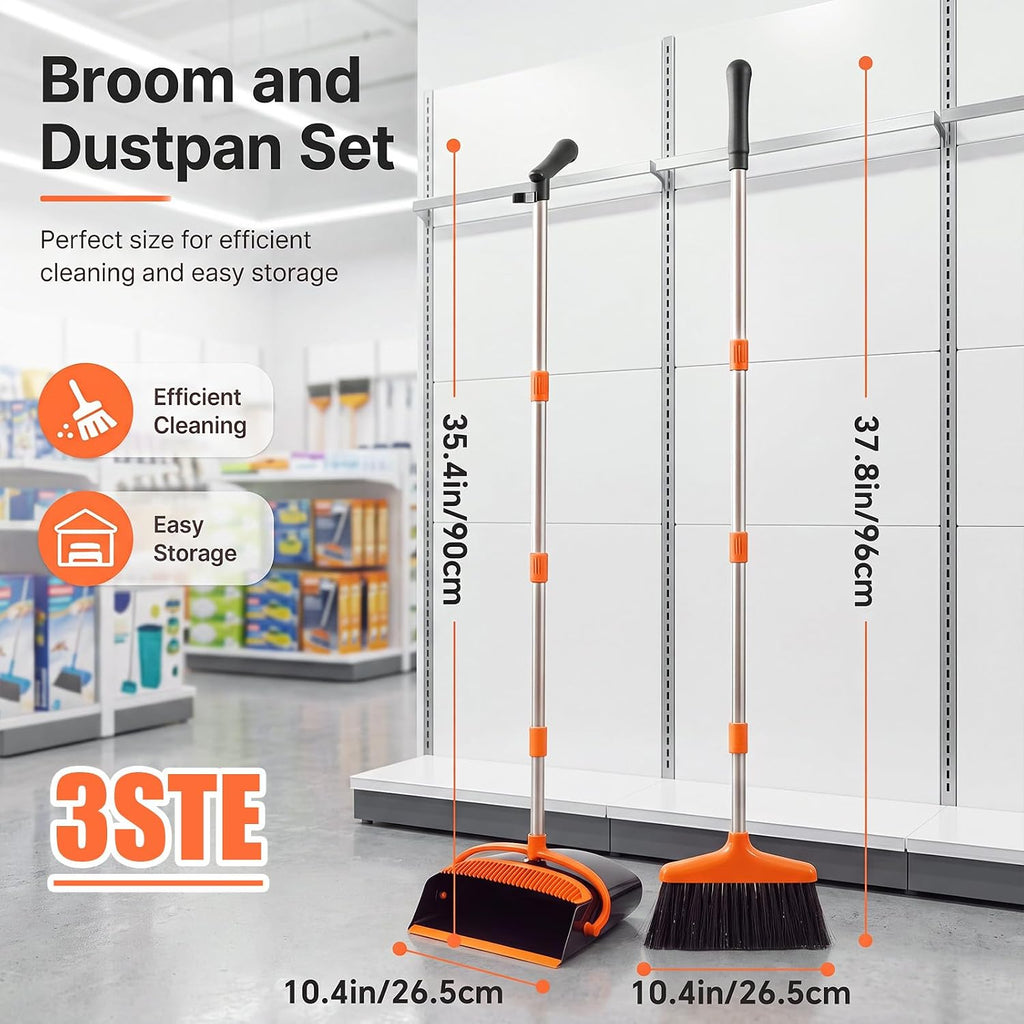 3 Pack Commercial Broom and Dustpan Set, 37.5" Long Handle Combo for Home