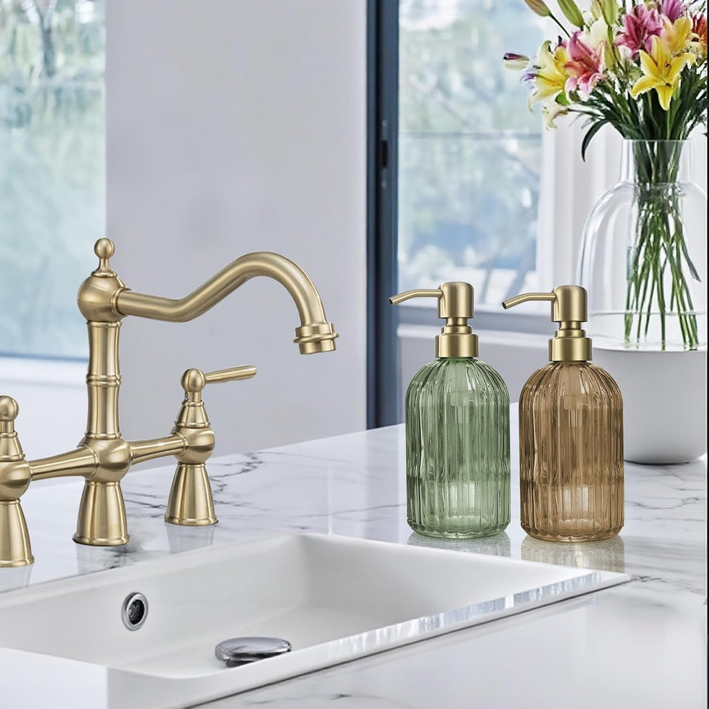 Avola 16 Oz Amber Glass Soap Dispenser,Stainless Steel Brushed Gold Pump Vertical Stripes Design for Bathroom Hand Soap & Kitchen Dish Soap,Brown Liquid Soap Dispenser for Countertops