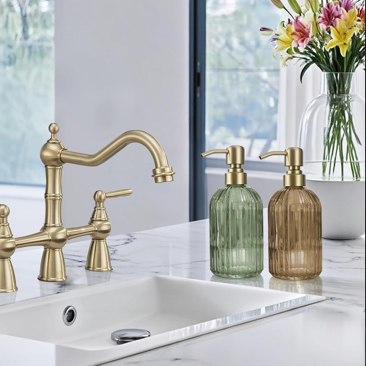 Avola 16 Oz Amber Glass Soap Dispenser,Stainless Steel Brushed Gold Pump Vertical Stripes Design for Bathroom Hand Soap & Kitchen Dish Soap,Brown Liquid Soap Dispenser for Countertops