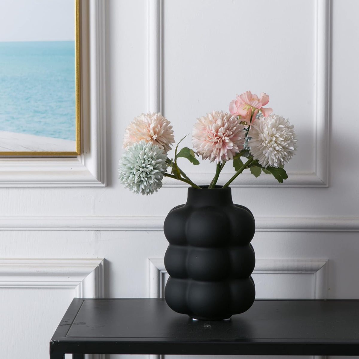 Mowtanco Black Ceramic Vase, Modern Small Vase for Centerpiece 6.7" Tall