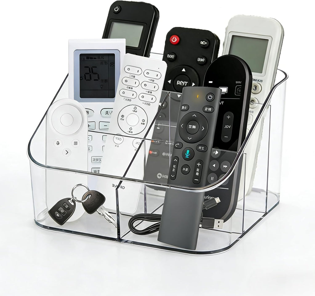 Remote Control Holder, Clear Plastic Remote Caddy for Desk and Nightstand Storage, Space-Saving Desk Organizer with See-Through Design for Living Room and Desk Accessories, 5 Compartments