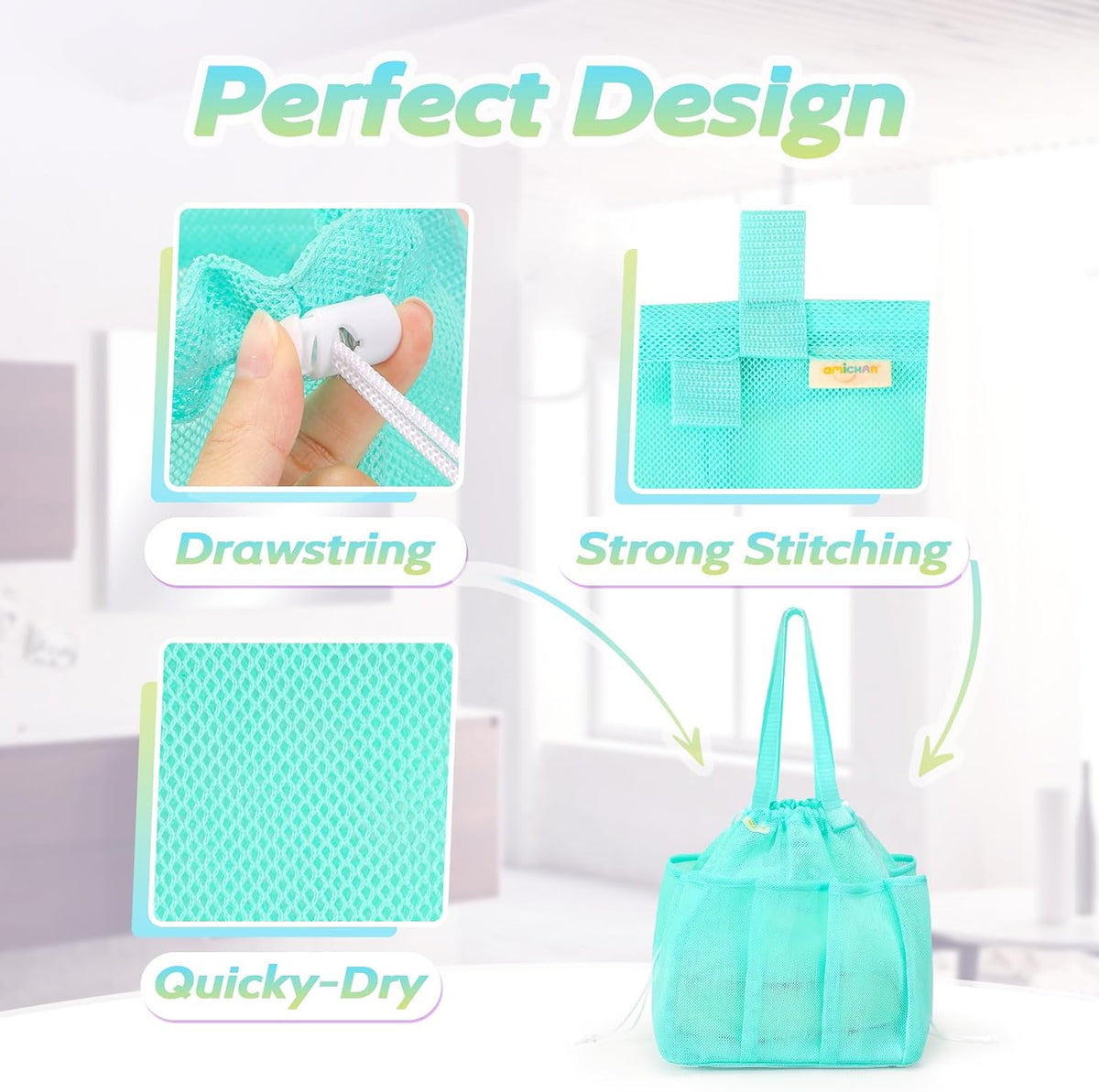 famichan Mesh Shower Caddy Portable, Dorm Room Essentials for College Students Girls and Guys, Blue Large Capacity Shower Bag for Bathroom,Camping,Gym