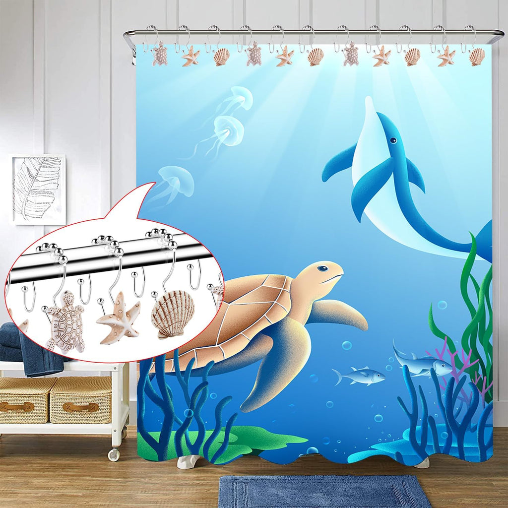Double Shower Curtain Hooks,12Pcs Seashell Decorative Shower Curtain Rings