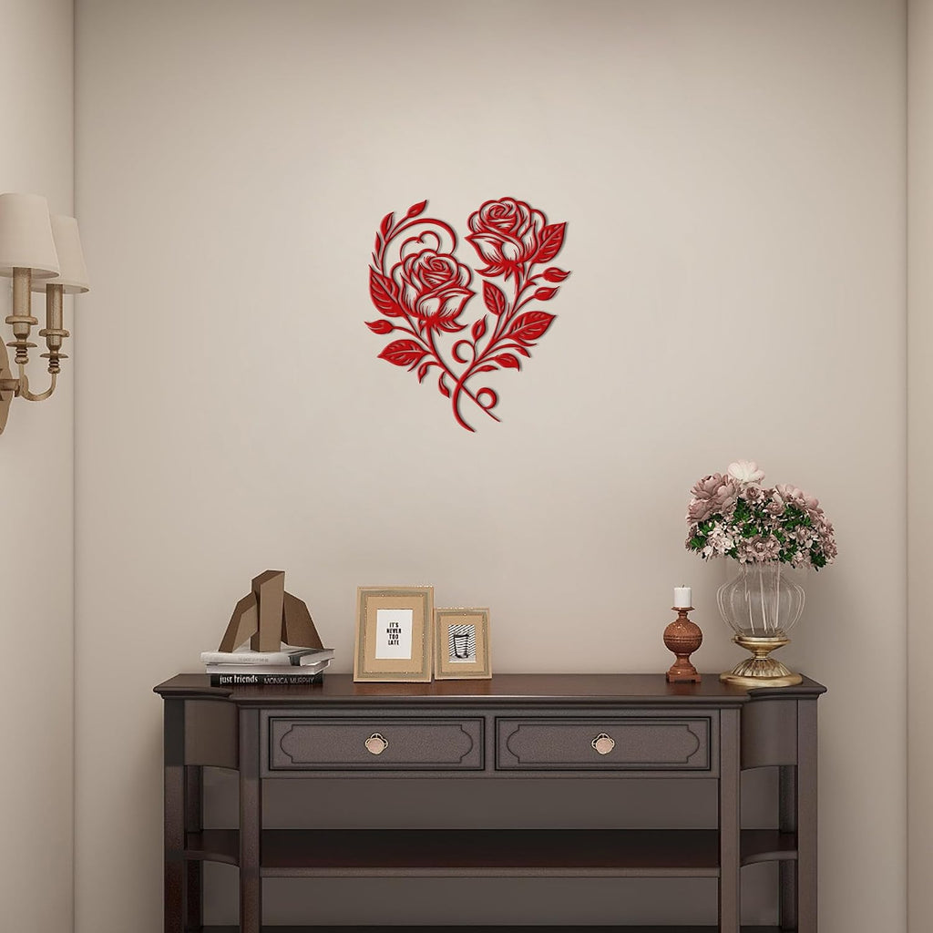 Heart Wall Decor with Metal Roses, Red Metal Flowers,12.6x11 Inch