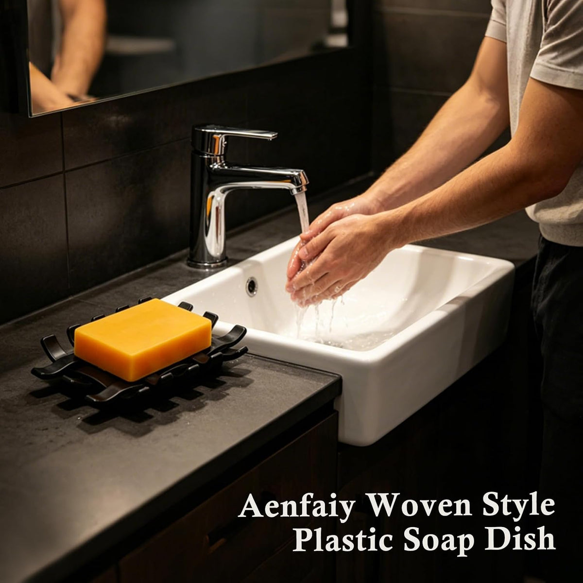 1 Pack Plastic Bar Soap Holders for Shower, Woven Design Black Soap Dishes with Drain for Bathroom Sink, Shampoo Bar Holder Soap Tray for Shower Shelf/Niche, Bathtub, Kitchen Counter