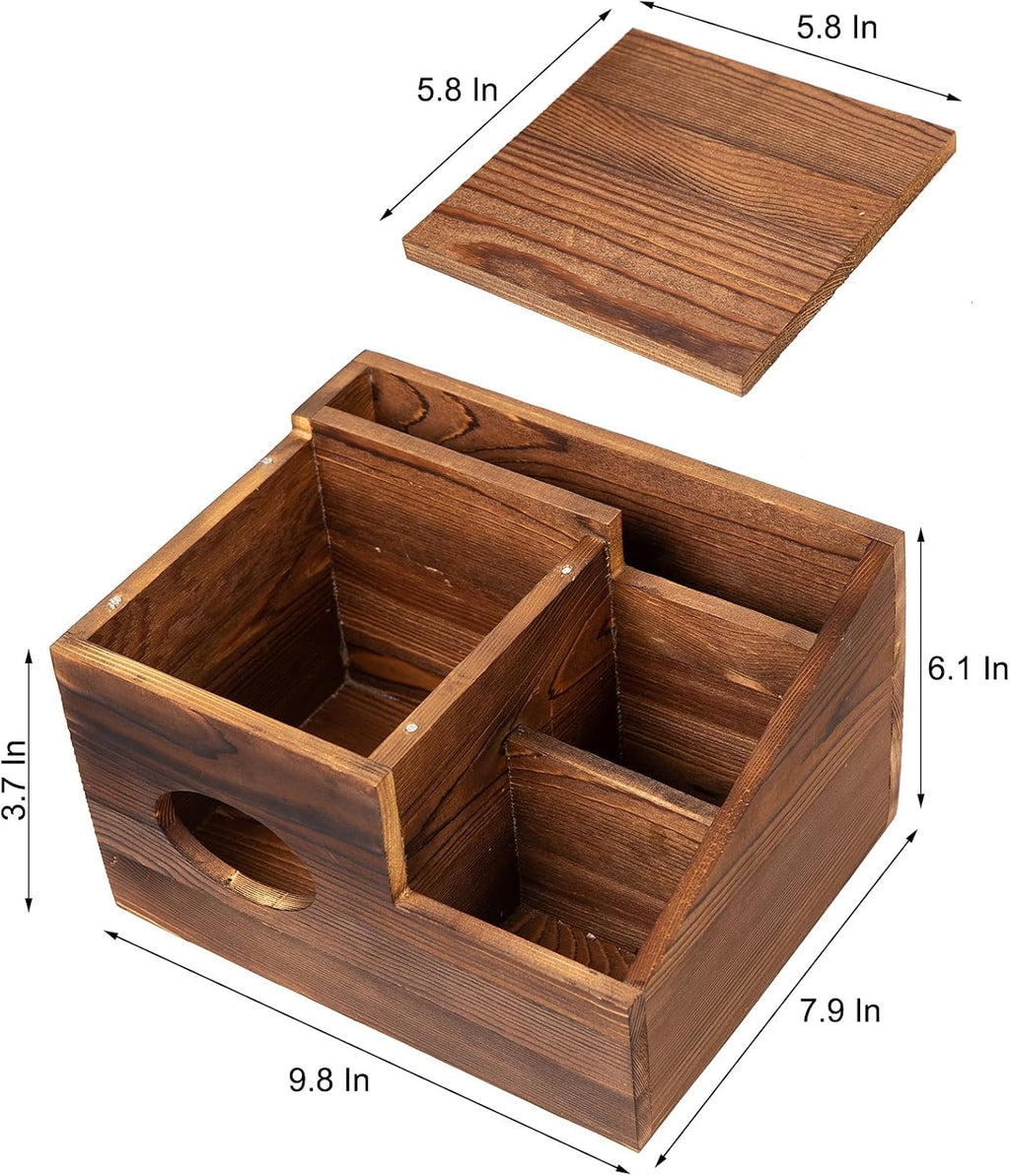 Deluxe Dark Rustic Brown Wooden Remote Control Caddy with Tissue Box Cover – Multi-Compartment Organizer for TV Remotes, Phones, Tablets and Living Room Essentials