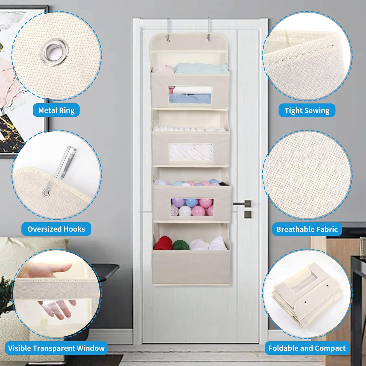 MAX Houser 4-Shelf Over The Door Hanging Organizer with 2 Metal Hooks,Beige
