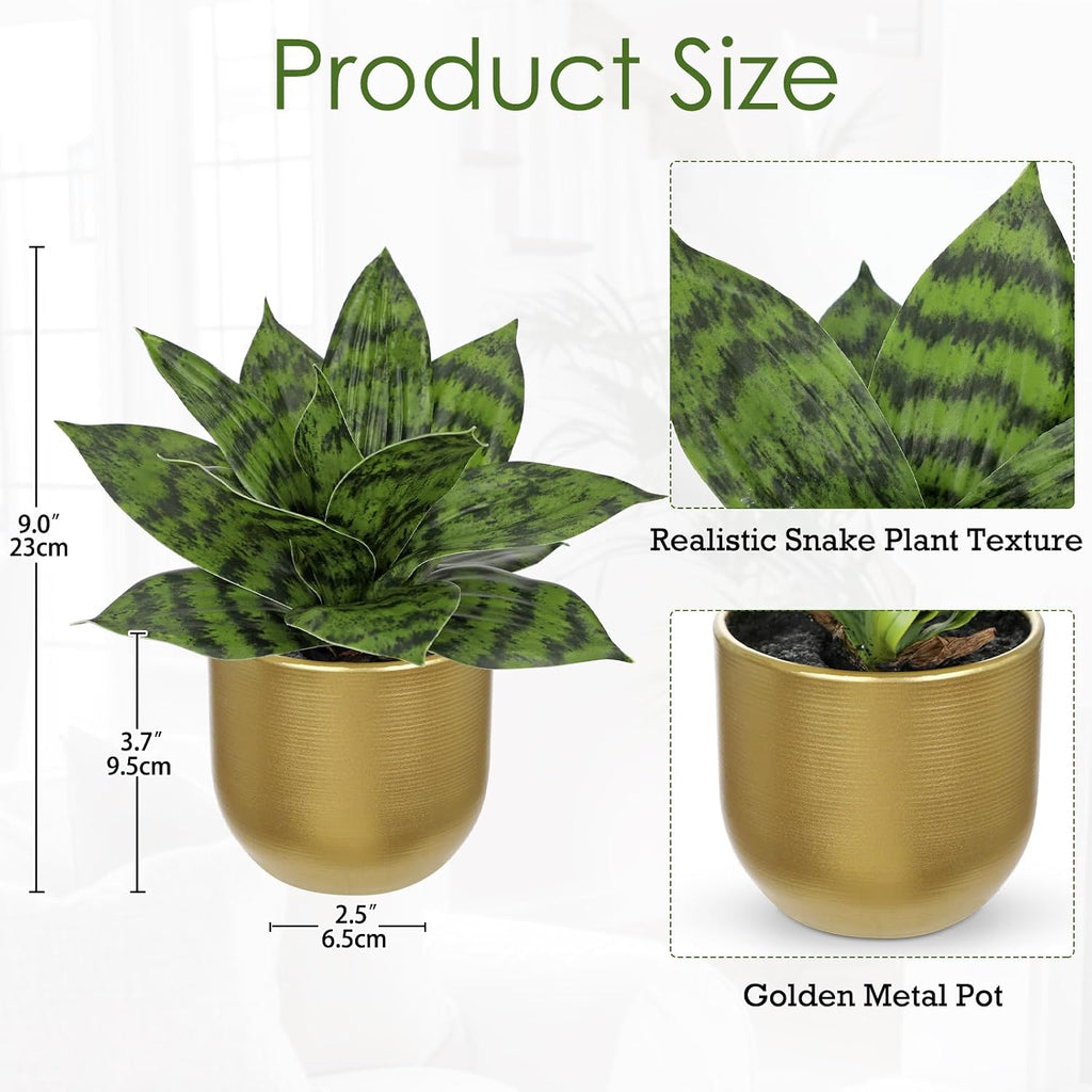 Hollyone Artificial Snake Plants 9" Faux Agave Succulent Plant Potted in Gold Pot Fake Sansevieria Aloe Tropical Plant for Desk Modern Office Home Bathroom Indoor Outdoor Decor