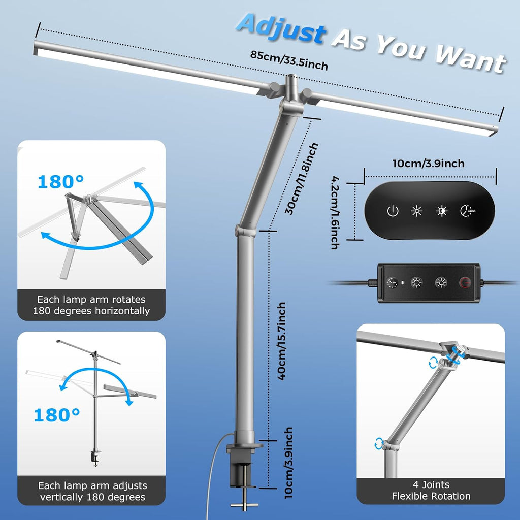 Airlonv LED Desk Lamp, Double Swing Arm Wide Lighting Area Desk Lamps for Home Office with Stepless Dimming, Eye-Caring Architect Desk Light with Clamp for Reading, Study, Workbench, (Grey)