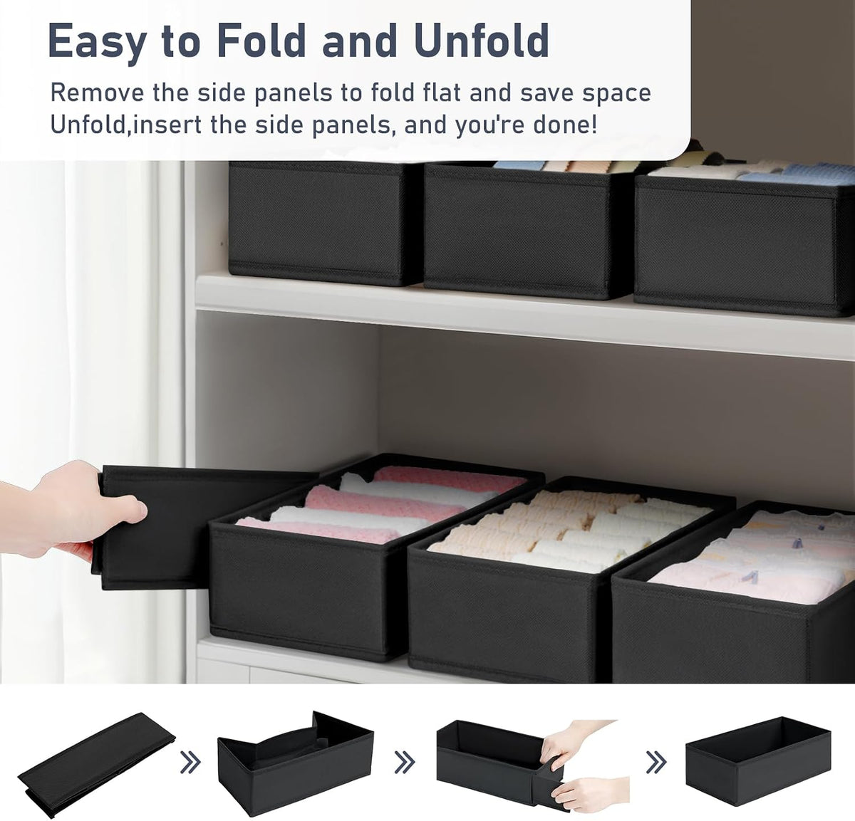 DIMJ Drawer Organizer - Small Clothes Organizer Set of 3, Drawer Dividers for Baby Clothes, Underwear, Socks, Bra, Belt, Tie - Black