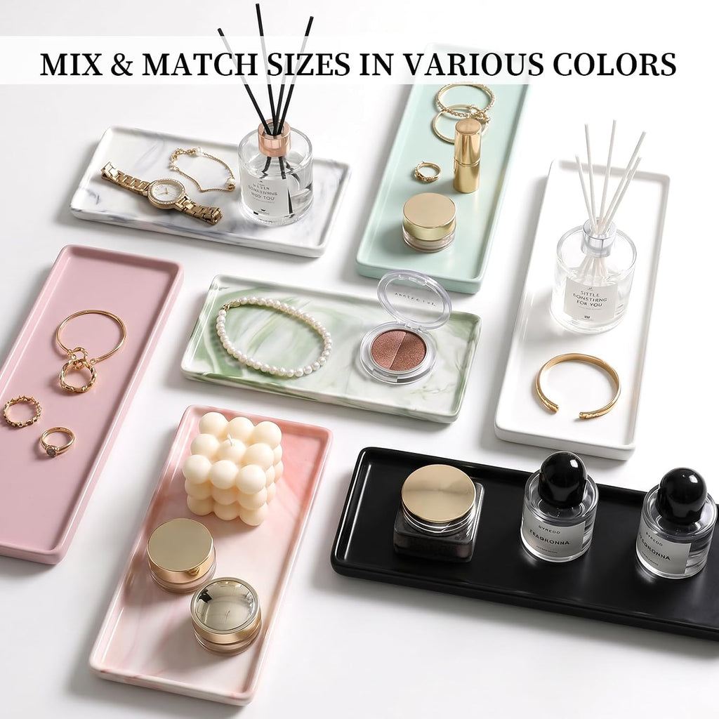 8″ x 3.7″ Inch Ceramic Vanity Tray, Decorative Rectangular Organizer for Bathroom Countertop, Dresser Top, Kitchen & Bathtub, for Soap, Perfume, Candle, Jewelry & Cosmetics (Marble-Green)