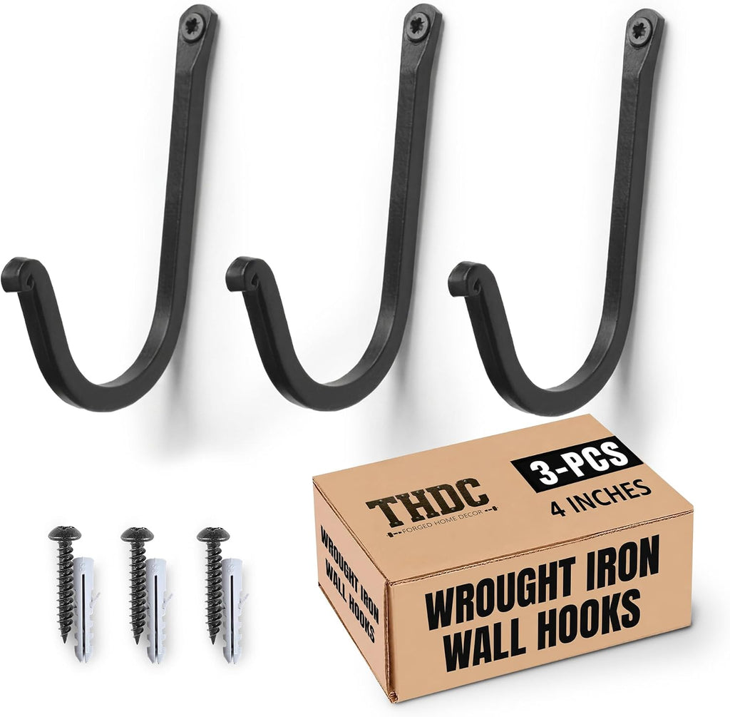 THDC Single Prong Wrought Iron Hooks, Vintage Hand Forged Iron Curved Metal Fasteners – Decorative Colonial Wall Décor, Heavy Duty Wall Hooks, Hangers for Keys, Coats, Robe, Bags, Home, Kitchen (3)