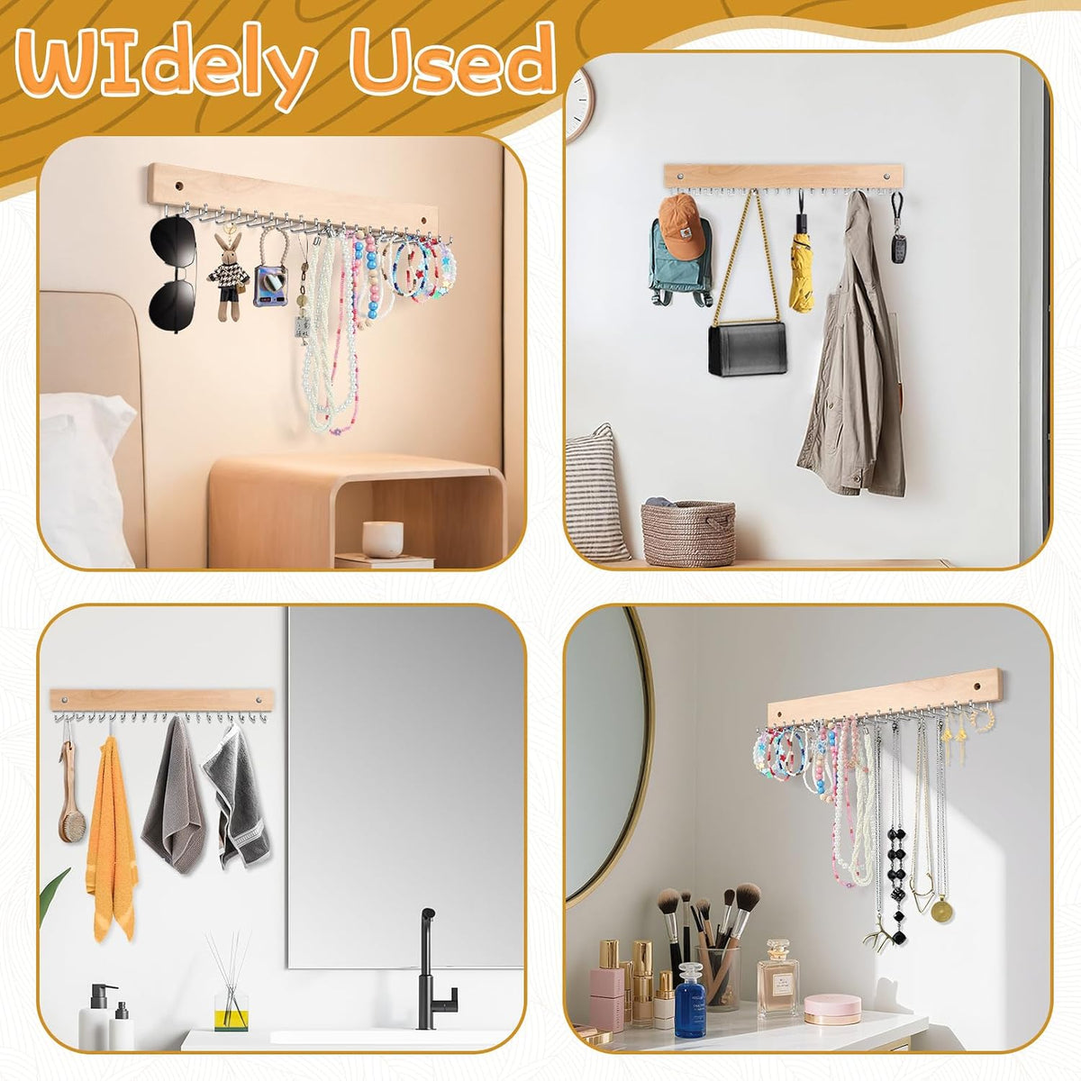 Necklace Holder Wall Mount 4 Pack, with 80 Hooks, Wooden, 36.5 x 3.6 cm
