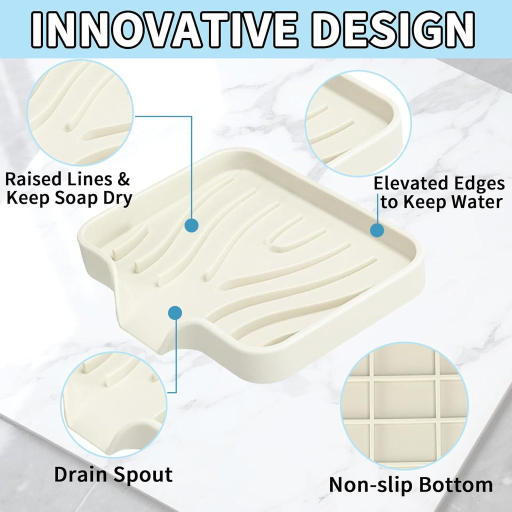 2 Pack Silicone Soap Dish with Drain, Self Draining Bar Soap Holder for Shower, Silicone Dish Soap Tray, Bathroom and Kitchen Sink Organizer, Beige