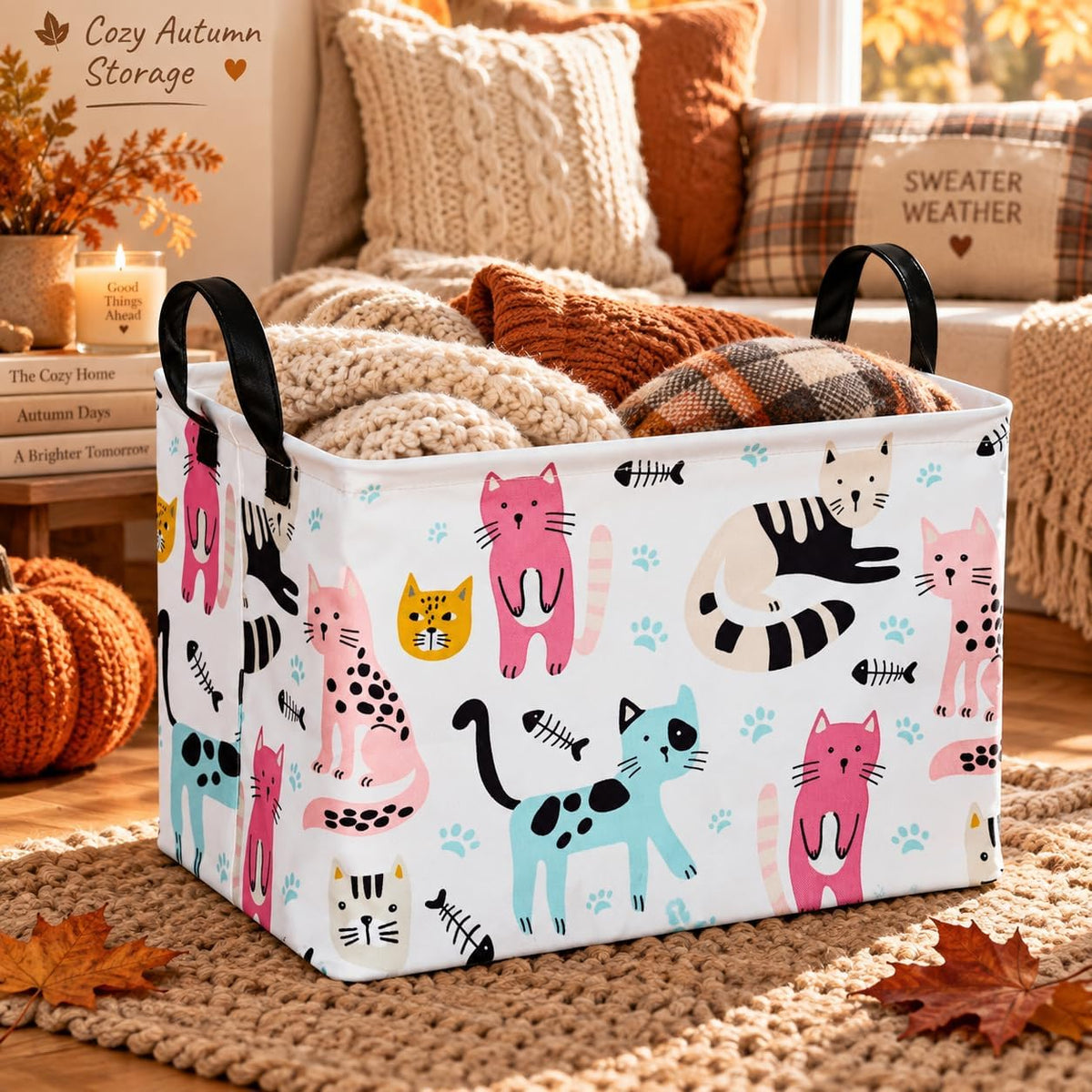 Cat Storage Basket, Foldable Cotton Linen Storage Bin with Handles, Cute Cat Print Rectangular Organizer Basket with Water Resistant Lining for Closet Shelves, Bedroom, Toys, Laundry and Gifts