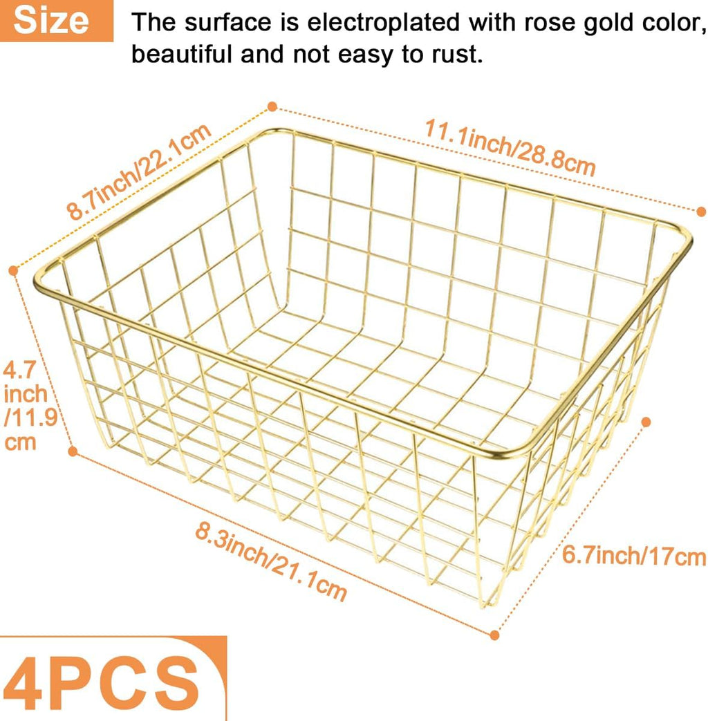 4 Pack Gold Wire Baskets for Organizing Office Wire Storage Basket Gold Metal Storage Baskets for Kitchen Cabinets, Bathroom, Countertop