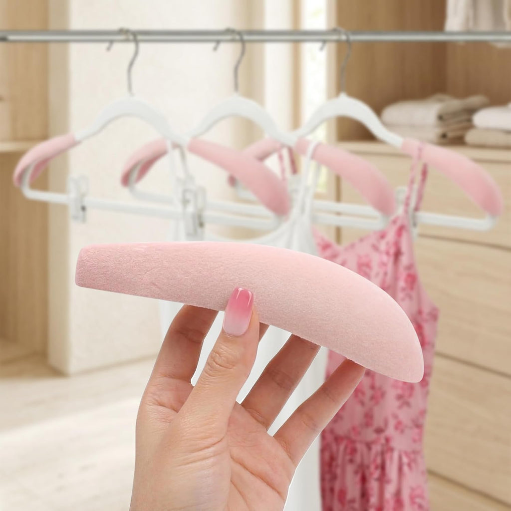 Shoulder Pads for Hangers – 10Pcs Velvet Hanger Shoulder Form Shaper, Plastic Flocking Protectors for Velvet Hangers with 0.2 Inch Thickness, Non-Slip Design (Pink)