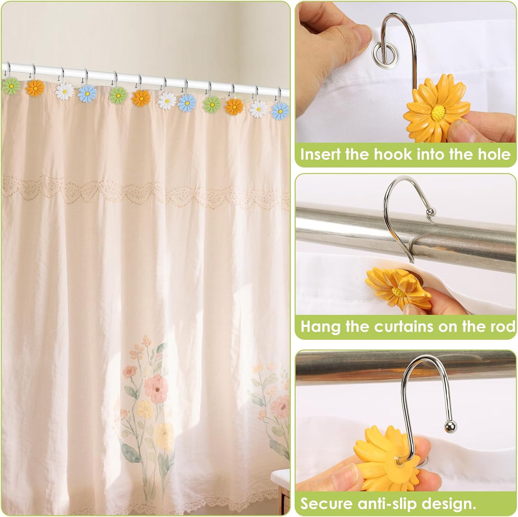 Flower Shower Curtain Hooks, 12 Pack Rustproof Stainless Steel Decorative, Bohemian Floral Bathroom Accessories for Curtain Rod and Shower Rod（Pastel Mix）