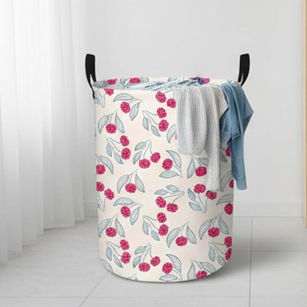 Cute Girls Baby Laundry Basket Kids Clothes Gift Hamper Nursery Cherry Room Decor (Blue Leaf Dot Cherries)