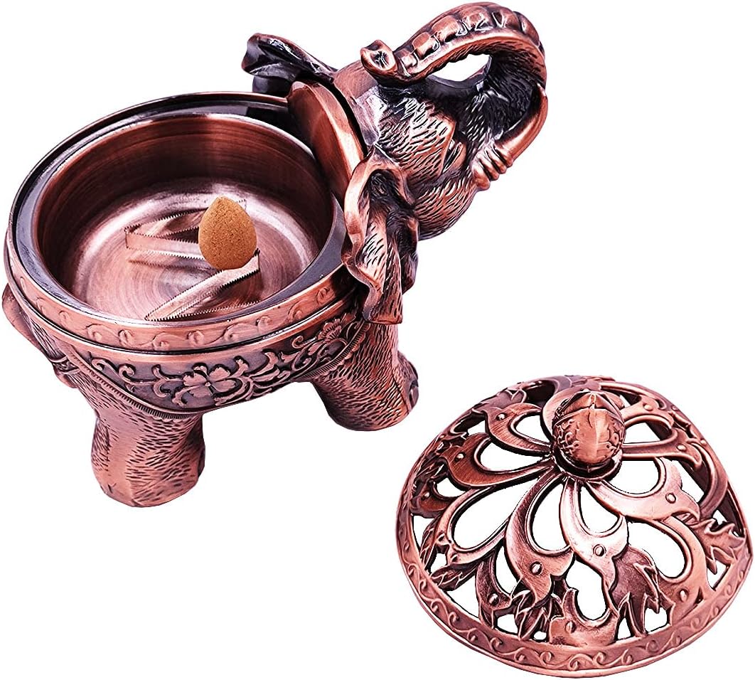 Hourwof Metal Elephant Incense Holder,Vintage Cone Coil Incense Burner with Lid,Ash Catcher,Aromatherapy Ornament Home Office Decor,Red Copper