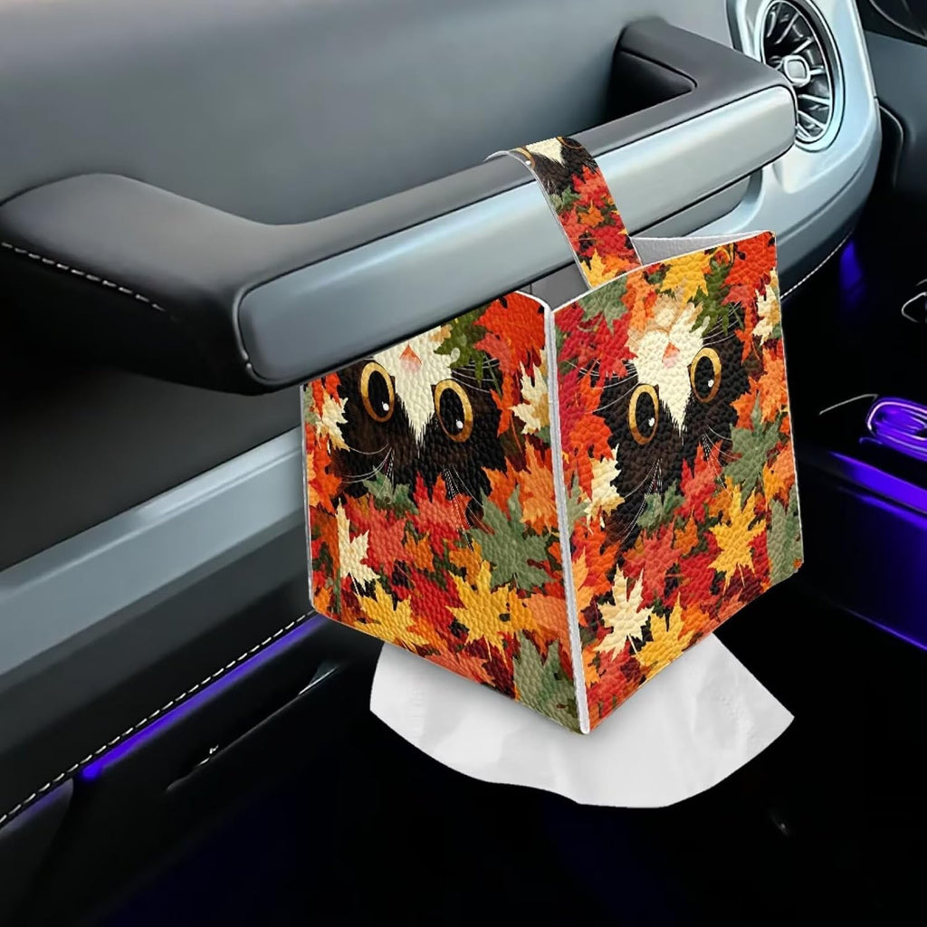 Cat Maple Tissue Box Cover Square PU Leather Desk Tissue Holder