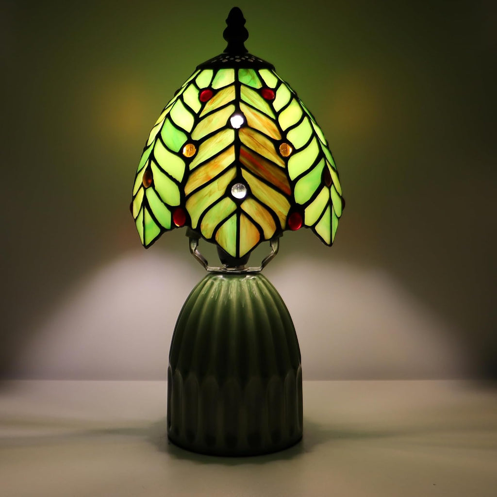 Tiffany Stained Glass Mushroom Table Lamp 12.5 Inch -Green Leaf