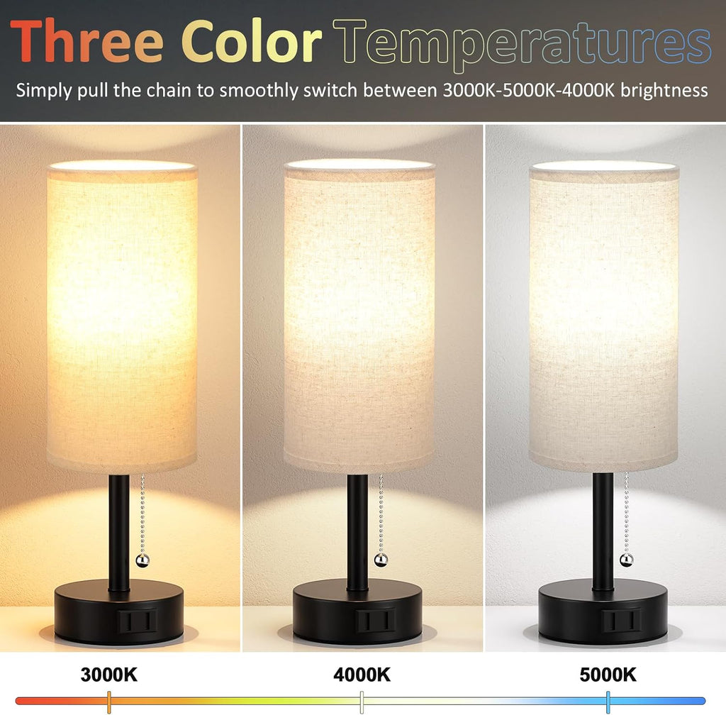 Beige Bedside Table Lamps Set of 2 - Bedroom Lamp for Desk, AC Outlet
