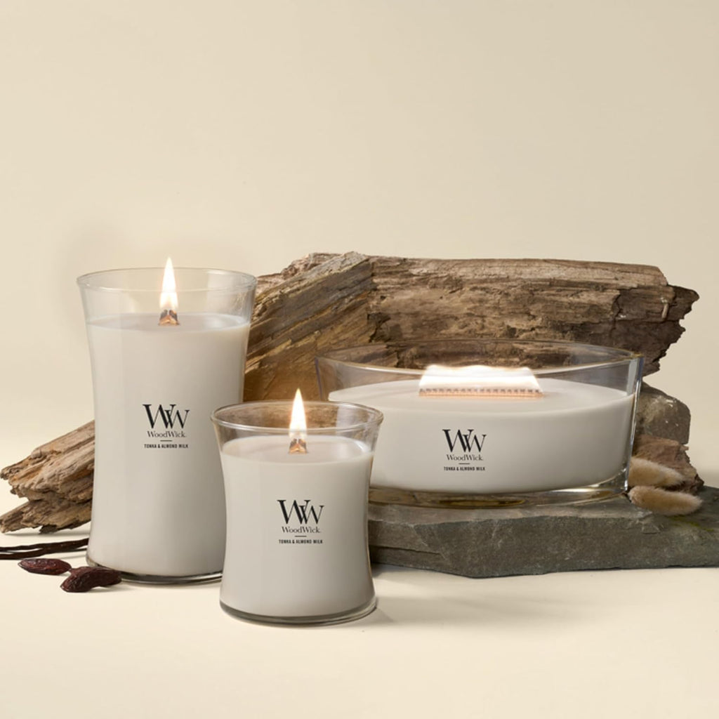 WoodWick Tonka & Almond Milk Scented Candle, Crackling Wick, 21.5oz