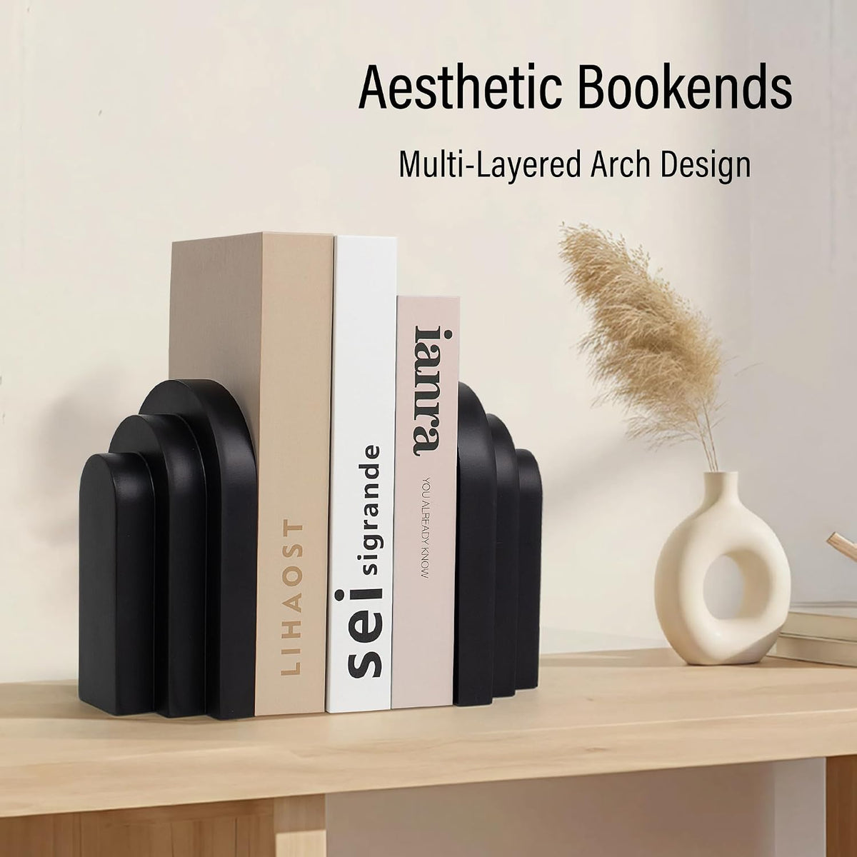 LIN CHUAN Heavy Duty Bookends for Shelves, Set of 2, Matte Black