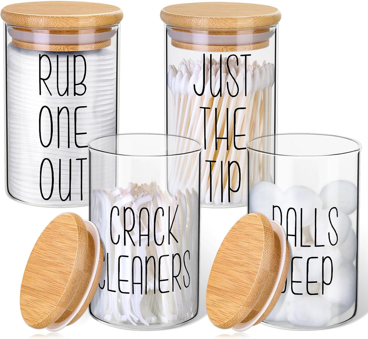 4 Pack Qtip Holder Glass Dispenser with Bamboo Lids for Bathroom Organization, Apothecary Jars for Cotton Ball Holder and Bathroom Canister Storage Great for Cotton Swabs, Balls, Floss, Bathroom Décor