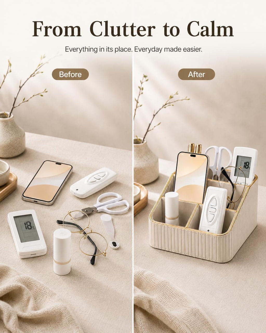 KINGFOM PU Leather Remote Control Holder, 4 Compartment Nightstand Organizer with Gold Trim, Small Desk Organizer for Office Supplies, Phone, Glasses, Pens, Bedside Table, Living Room Decor Beige