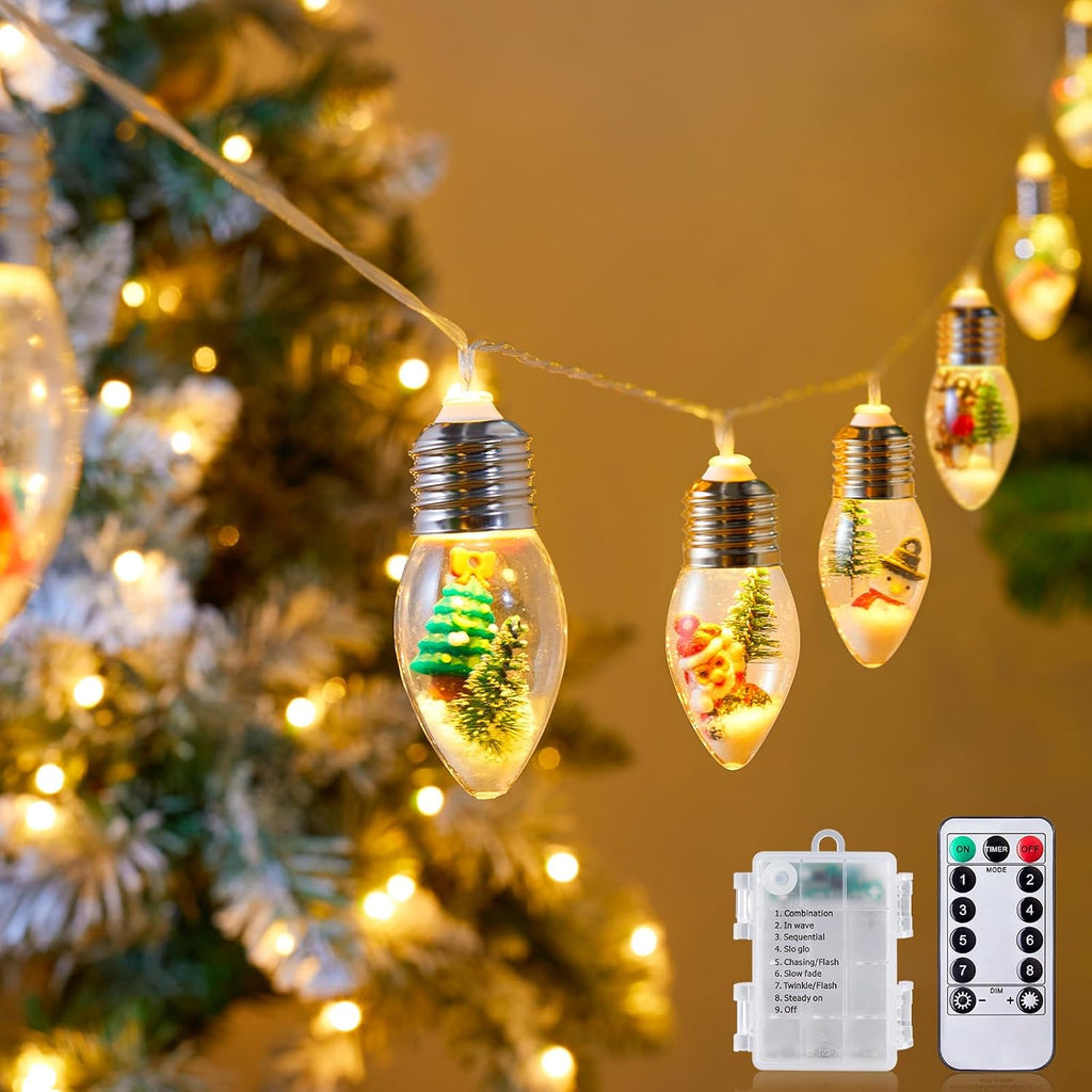 Vintage-Christmas-Lights-Indoor-String-Lights, 7.5Ft C9 Christmas Snow Globe String Lights with Tree & Snow & Cute Ornaments, Battery Operated Lights for Tree Garland Fireplace Xmas Decor