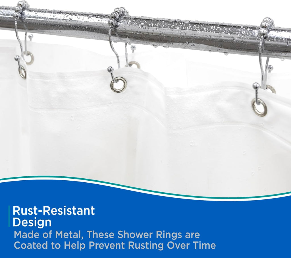 Kenney KN67123 Rust-Resistant Gliding Metal Beaded Shower Curtain Rings with Double Hanging Hooks for Shower Curtain and Standard Shower Curtain Rod, Bathroom Use, Easy to Install, 12-Pack, Chrome
