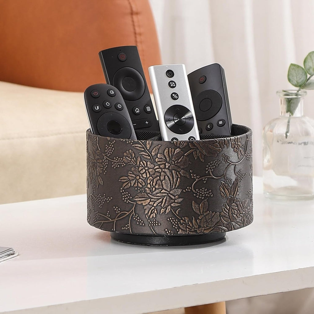 Coffee Table Remote Holder,PU Leather 360 Degree Rotating TV Remote Holder For Table with 4 Compartments, Office Desk Organizer for Pen, Pencil, Stationary, Brown PH97