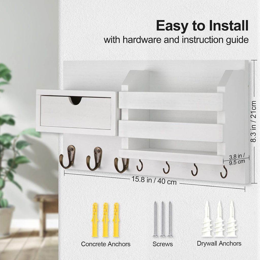 Lwenki Wall Mount Key Holder with Mail Organizer, 100% Paulownia Wood, 7 Metal Hooks, Storage Drawer, Entryway Home Decor (White)