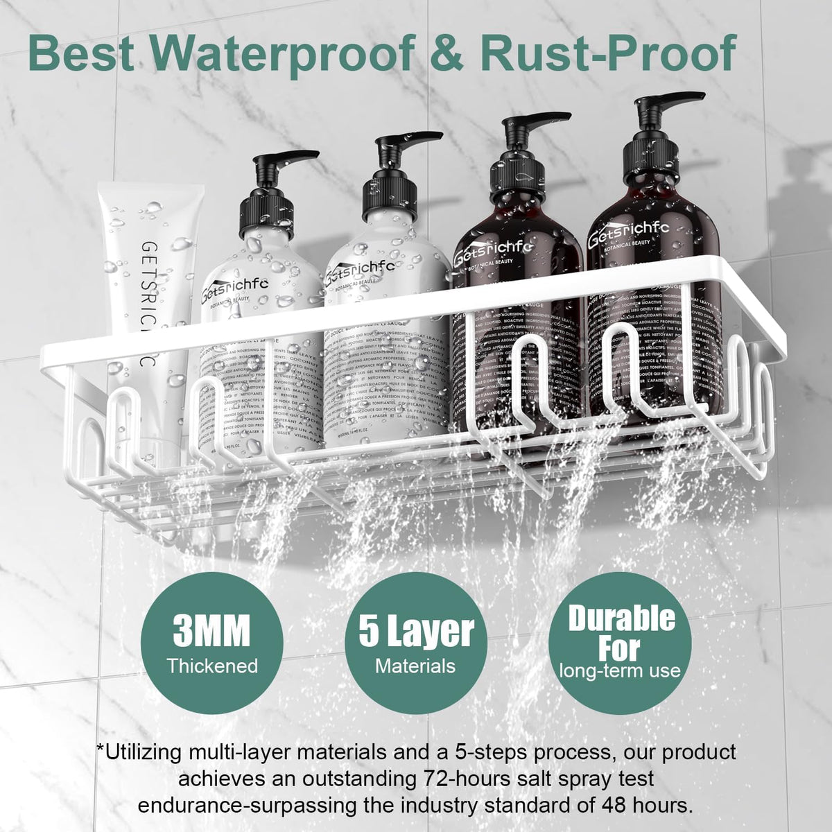Getsrichfc Shower Caddy Adhesive, Rustproof Shower Shelves for Inside Shower, Large Capacity Bathroom Organizers and Storage, Shower Storage with Removable Hooks, No Drill Bathroom Accessories White