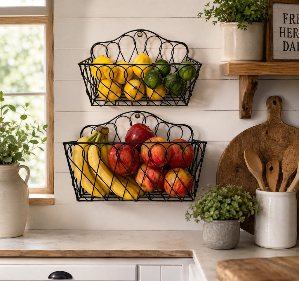 Farmhouse Hanging Wall Storage Baskets Set of 2, Metal Wire Wall-Mounted Basket Organizer for Fruits, Vegetables, Flowers, Kitchen, Pantry, Bathroom, Entryway, Rustic Home Decor