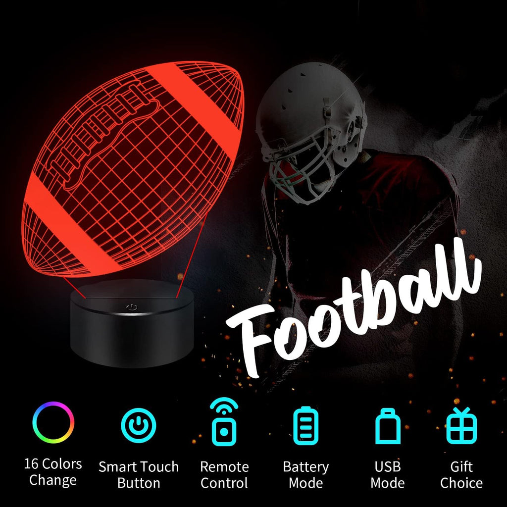 Football Gifts Football 3D Night Light, 16 Colors Changing Touch & Remote Control Table Illusion Lamp, Bedroom Office Gaming Decor, Christmas Birthday Xmas Gift Toys for Boys Girls Men Sport Fans