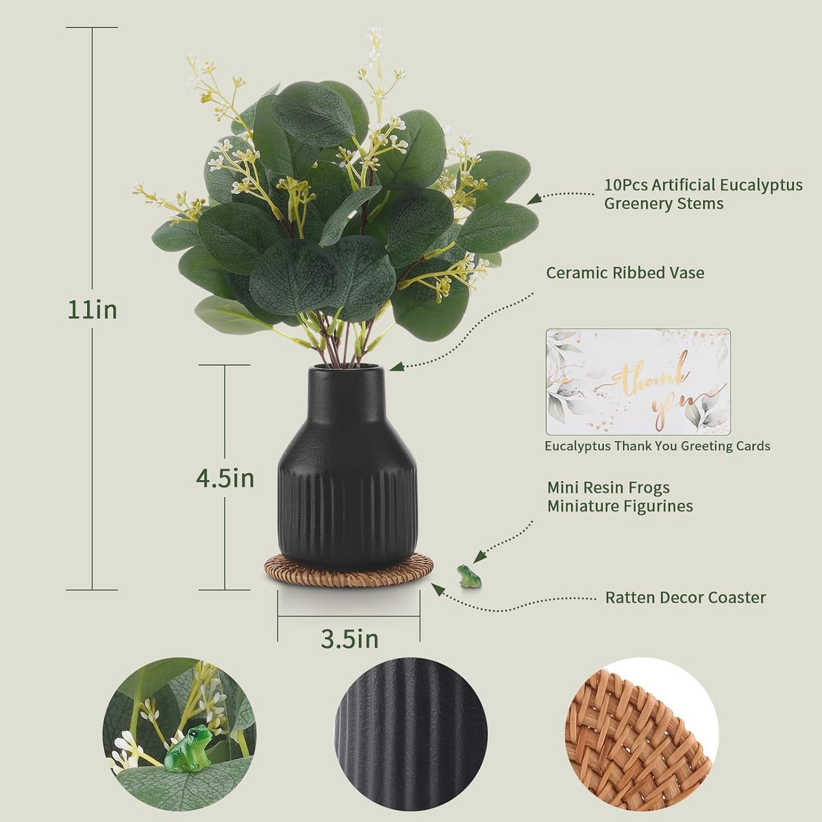 Artificial Eucalyptus Greenery Stems in Ceramic Vase,10Pcs Fake Plants Eucalyptus Leaves faux Plants for Centerpiece Table Decorations Home Room Decor office desk decor Greenery Decor indoor (Black)