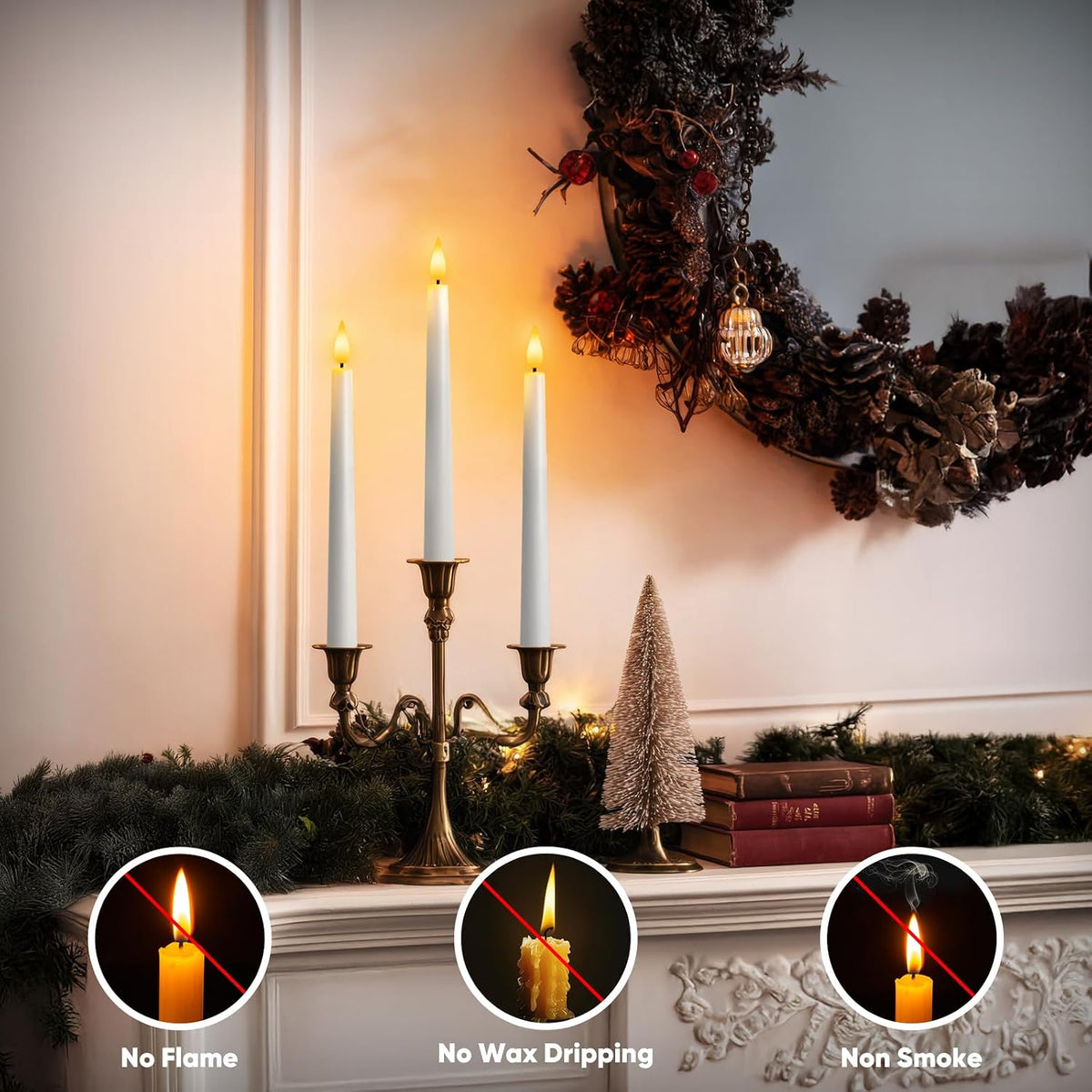 6 Pcs Flameless Taper Candles with Remote and Timer, 9.6 Inches Plastic LED Candlesticks, White Battery Operated Window Candles, for Home Wedding Christmas Party Decoration