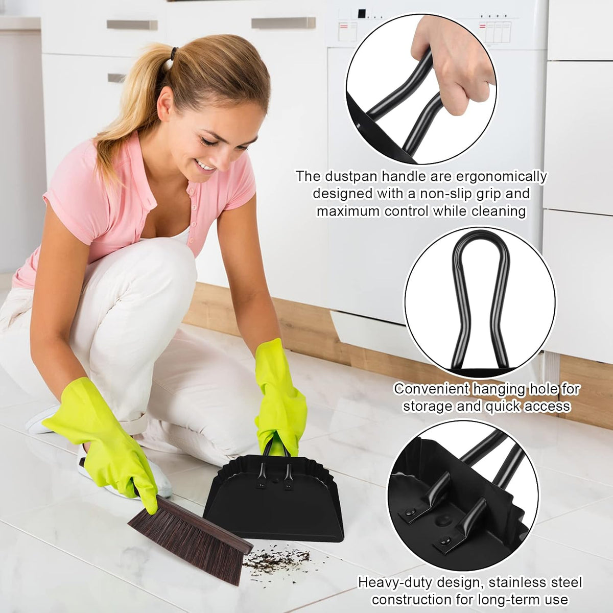 Heavy-Duty Metal Dust Pan-10”Wide Handheld Angled Dustpan with Grip Handle