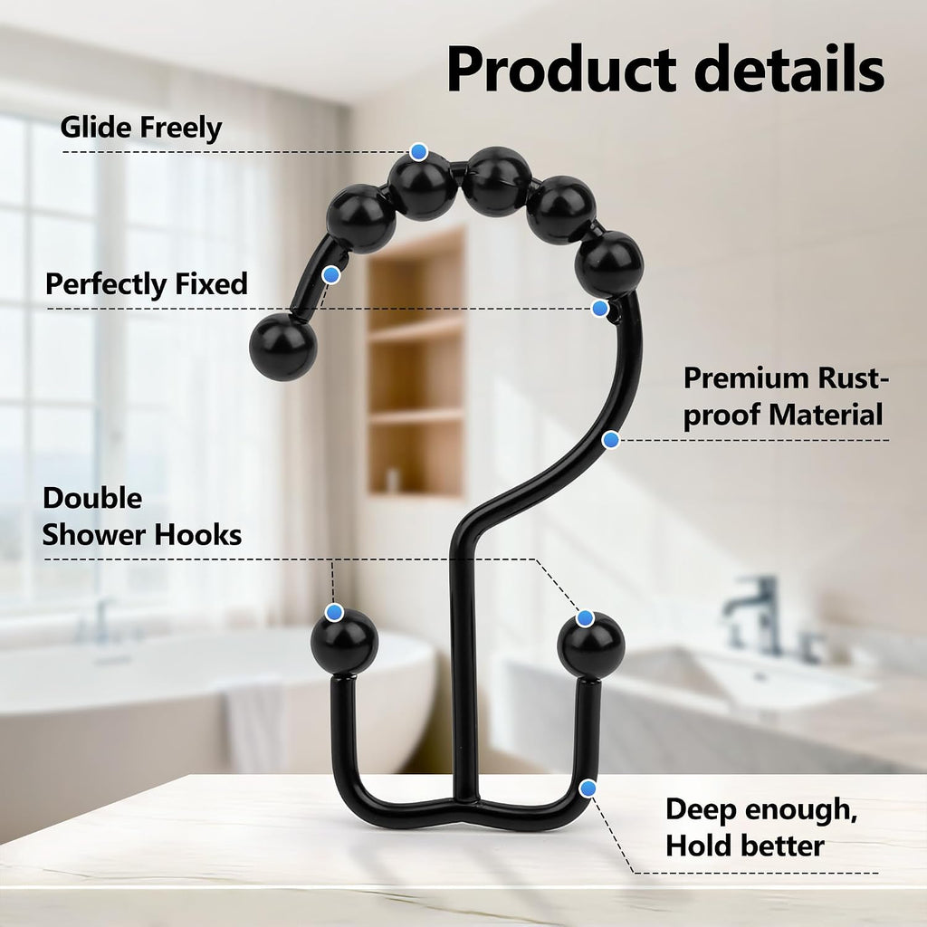Resze 12 Pcs Shower Curtain Hooks, Metal Double Shower Curtain Rings,Black