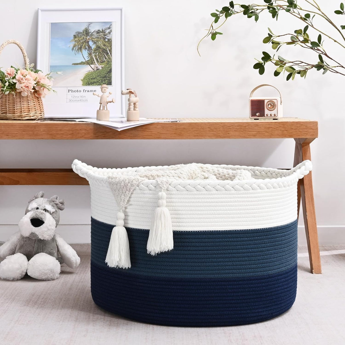 Large Woven Blanket Basket, 67L Cotton Rope Laundry Basket