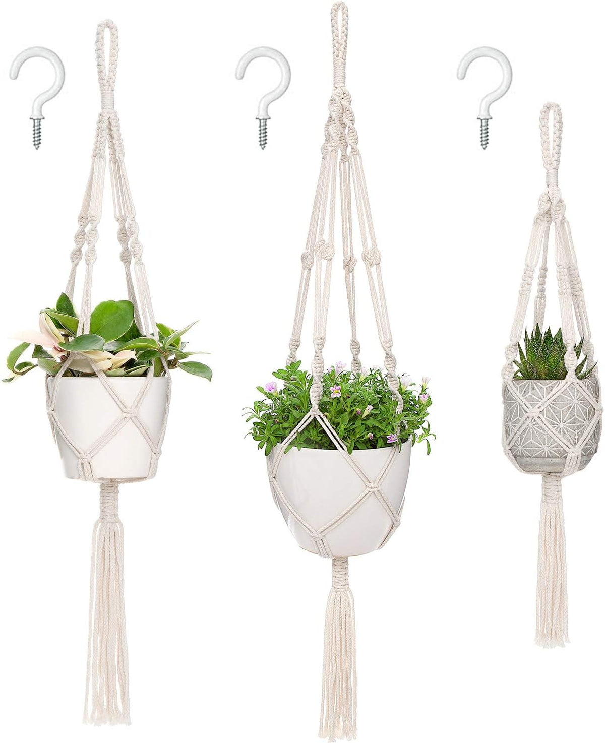 Mkono 3 Pack Macrame Plant Hanger, Hanging Planters for Indoor Plants Ivory