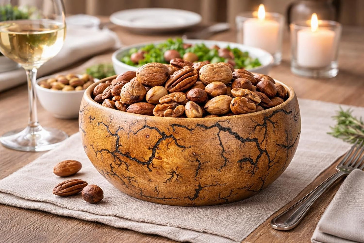 Handcrafted Wooden Decorative Bowl with Natural Grain & Artistic Burn Pattern – Rustic Wooden Serving Bowl for Home Decor, Fruit, Salad & Centerpiece Display (Premium Finish)